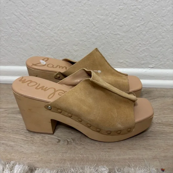 New Sam Edelman Josselyn Tan Suede Platform Wooden Mules Clogs Size 10.5 - Picture 2 of 7